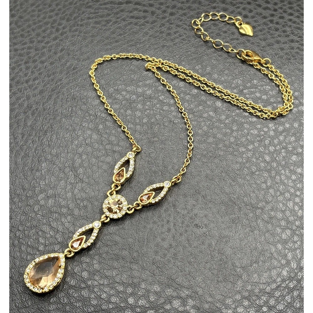 Vintage Carolee Champagne Crystal Teardrop Pendant Necklace Gold Tone 16-18"